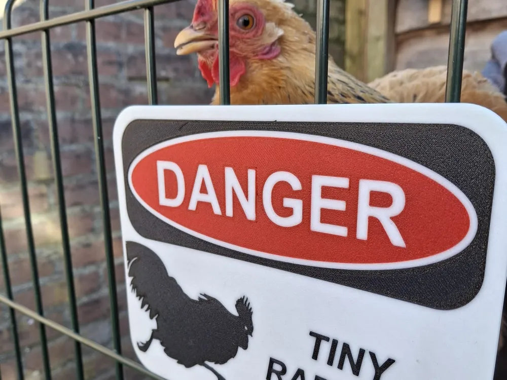 HoneyBunny3D Danger Tiny Raptors sign featuring a warning message with small dinosaur illustrations for safety alert display
