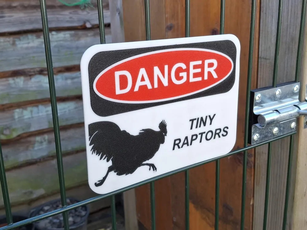 HoneyBunny3D Danger Tiny Raptors Sign featuring a small, detailed warning sign with raptor illustrations for safety awareness.
