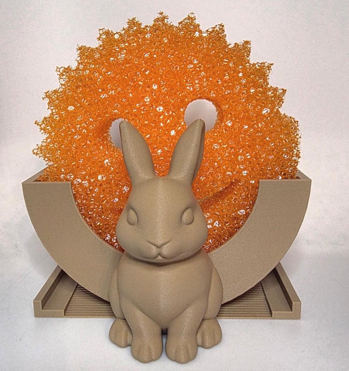 HoneyBunny3D Bunny Scrub Daddy holder with drain, white bunny-shaped kitchen utensil organizer with drainage slot.