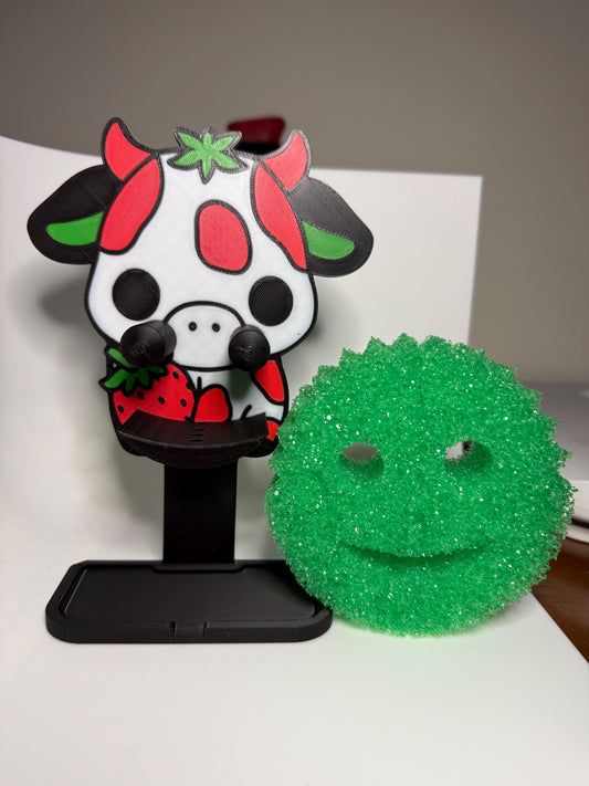 HoneyBunny3D Strawberry Cow Scrub Daddy holder with cheerful red and white design, perfect for kitchen or bathroom organization.