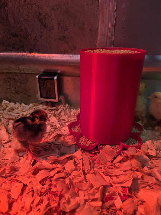 Large HoneyBunny3D chick feeder with 3-quart (12-cup) capacity, showing the durable plastic construction and feed opening.