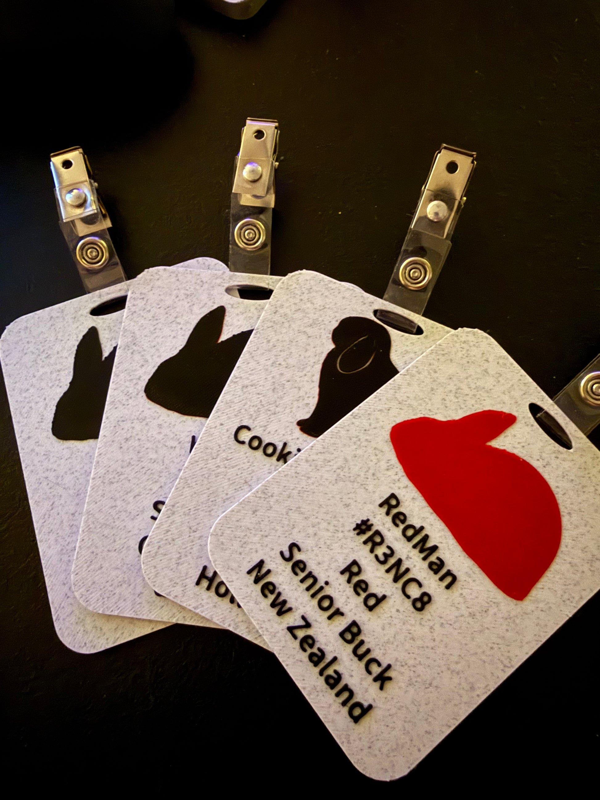 HoneyBunny3D custom cage cards featuring personalized pet identification and decorative designs on a white background.